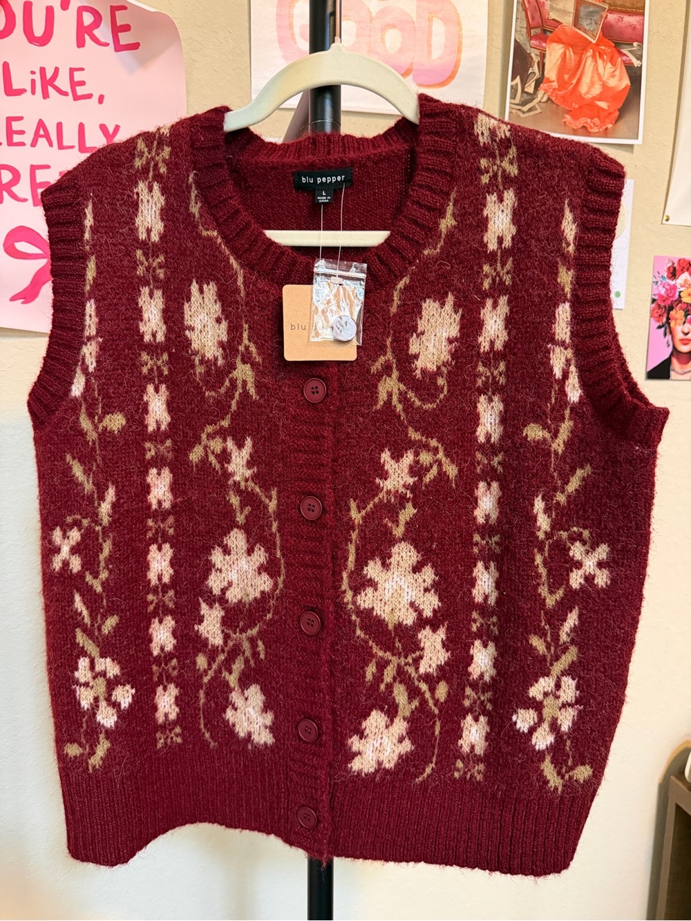 NWT Blu Pepper Fall Flora Floral Knit Sweater Vest Burgundy Red Large